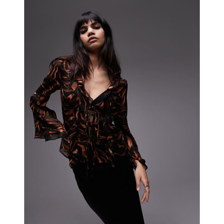 Topshop sheer crinkle animal print tie front top in neutral | ASOS
