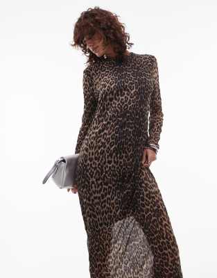 sheer crinkle high neck long sleeve dress in leopard print-Multi