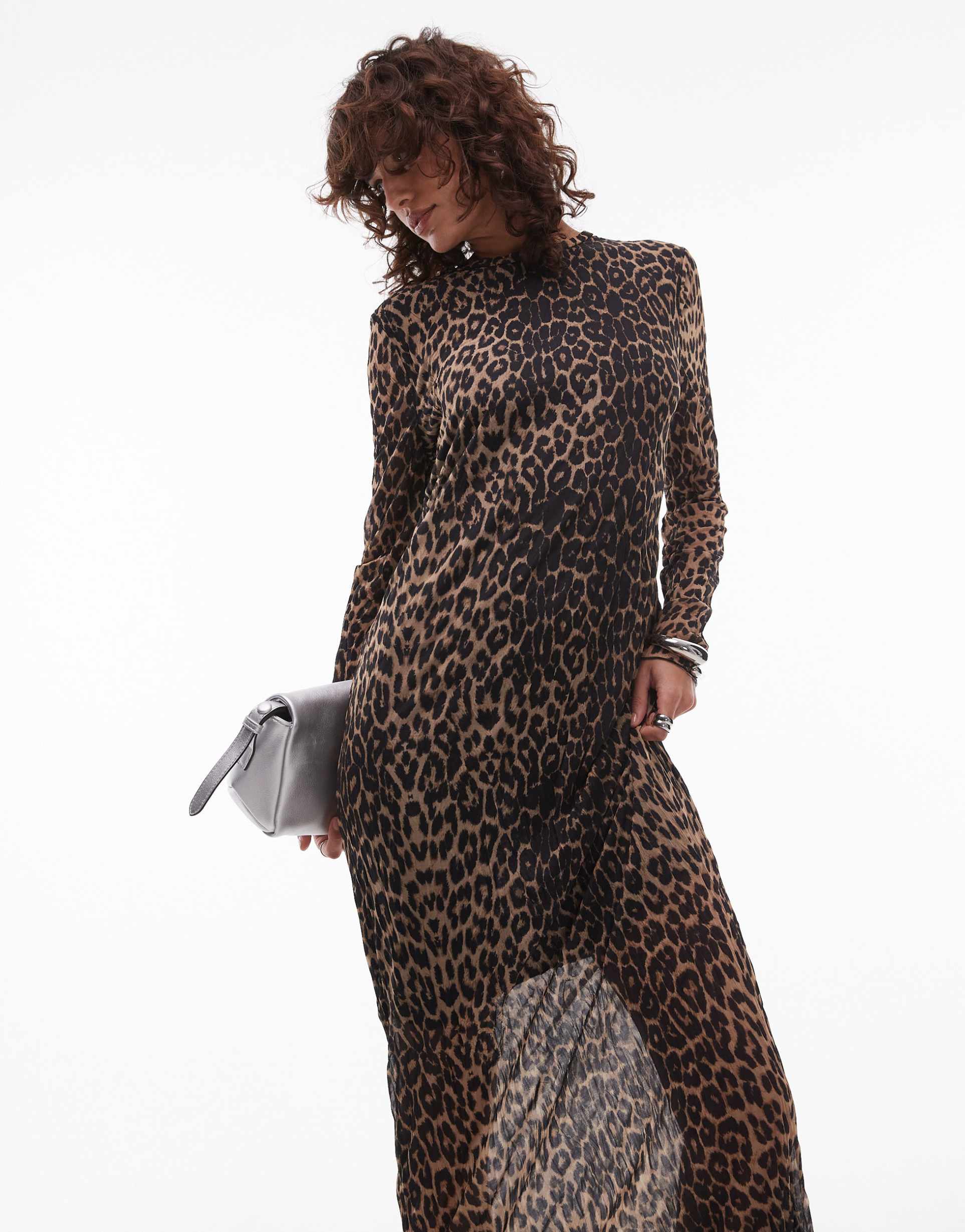 topshop sheer crinkle high neck long sleeve dress in leopard print