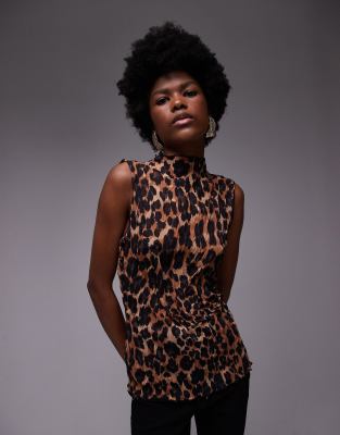 Topshop Sheer Crinkle Leopard Print Tank Top In Brown In Brown