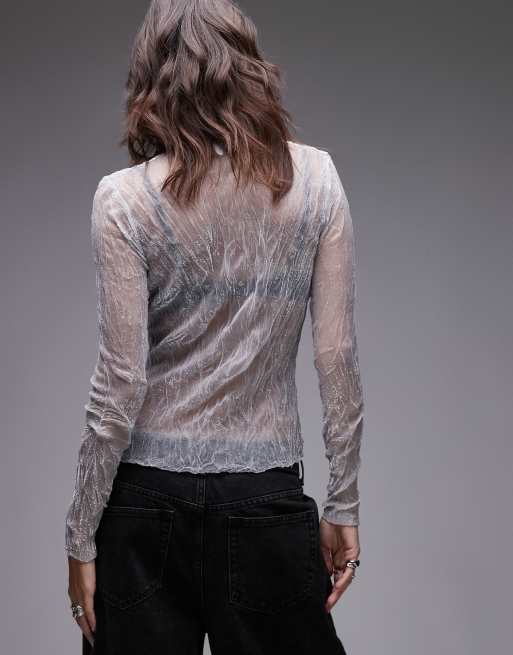 Topshop sheer crinkle long sleeve top in silver