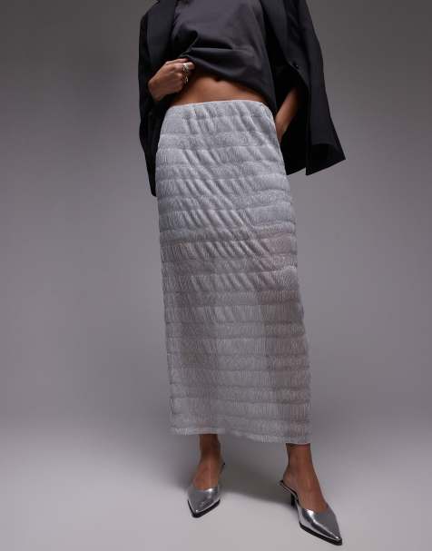 Topshop sheer crinkle midi skirt in silver - view 1