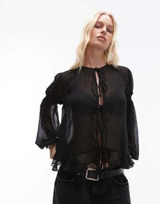 sheer crinkle tie front top in black