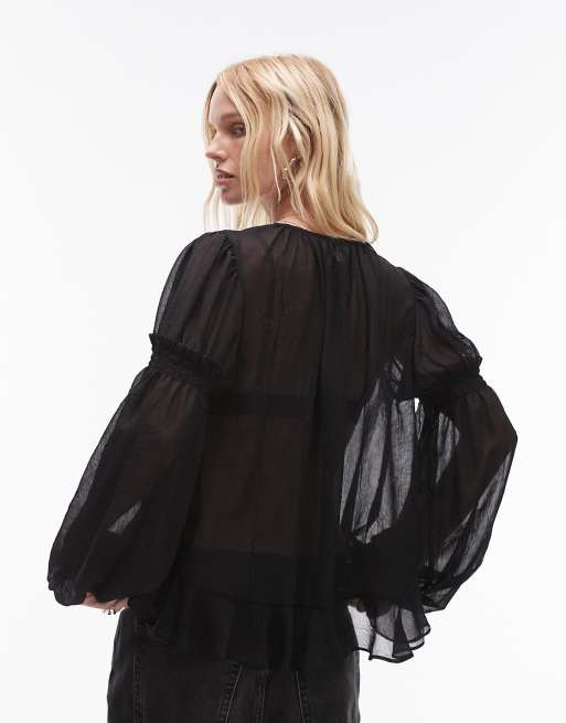 Topshop sheer crinkle tie front top in black | ASOS