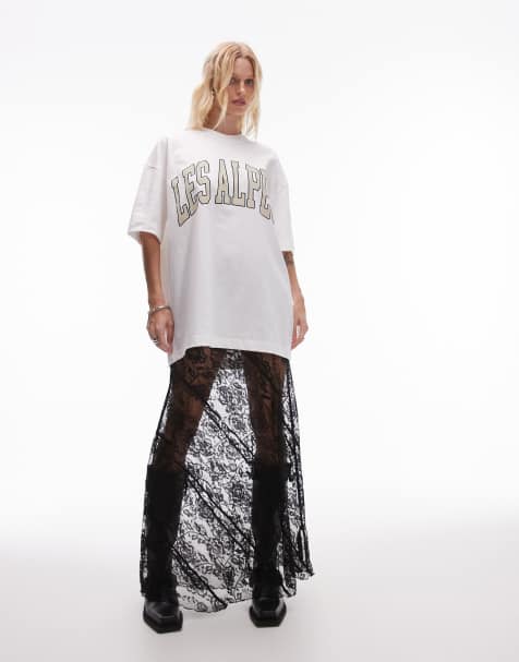 Topshop sheer diagonal tiered floral lace maxi skirt in black - view 1