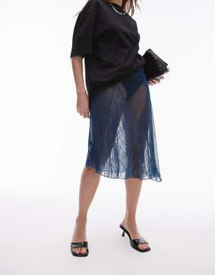 スカート FOG LONG MESH SKIRTDEEP BLUE Topshop sheer dobby mesh panelled 90s length skirt in