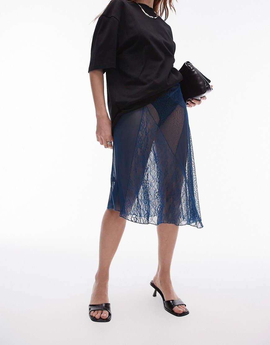 Topshop sheer dobby mesh panelled 90s length skirt in gunmetal blue
