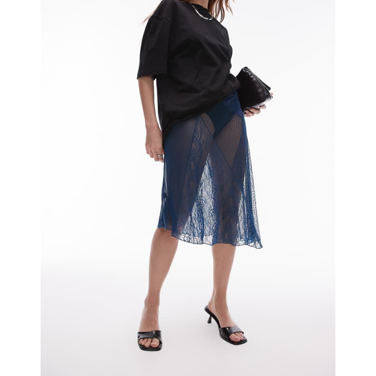 スカート FOG LONG MESH SKIRTDEEP BLUE Topshop sheer dobby mesh panelled 90s length skirt in