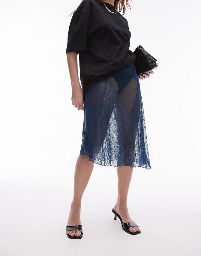 Topshop - sheer dobby mesh panelled 90s length skirt in gunmetal blue