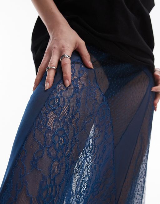 Topshop sheer dobby mesh panelled 90s length skirt in gunmetal blue
