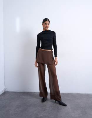 Topshop Sheer Double Layer Mock Skirt Pants In Brown