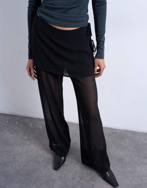 Topshop sheer double layer mock skirt trouser in black, 2 of 5