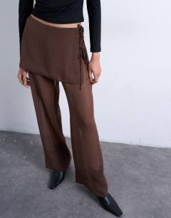 Sheer double layer mock skirt trouser in brown