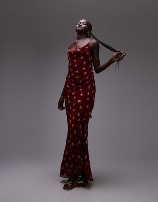 Topshop sheer drape midi dress in burgundy | ASOS