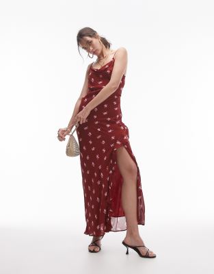 Topshop sheer drape midi dress in burgundy-Red