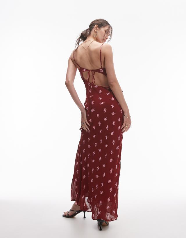 Topshop - sheer drape midi dress in burgundy