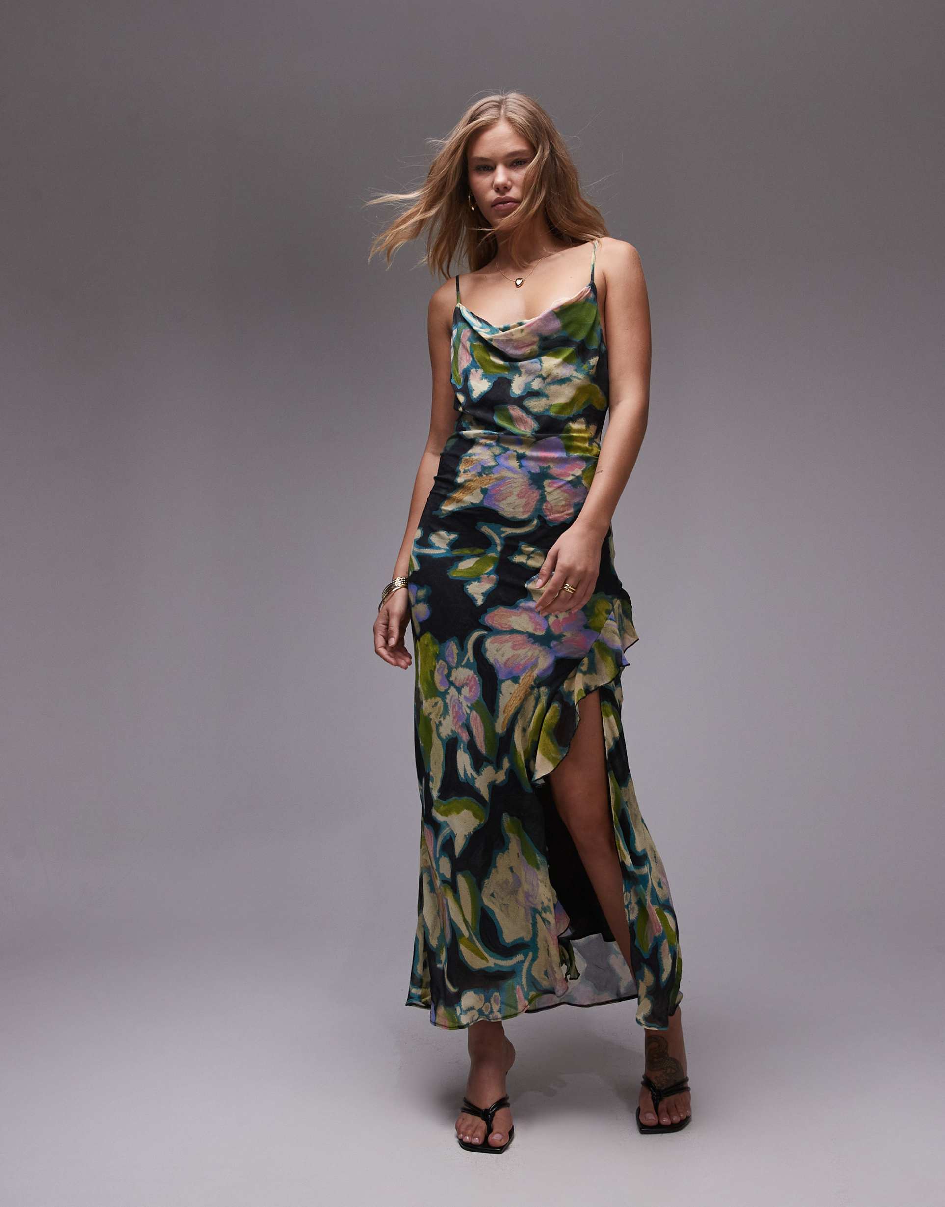 topshop sheer drape midi dress in floral print