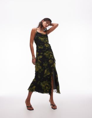 sheer drape midi dress in green blurred print-Multi