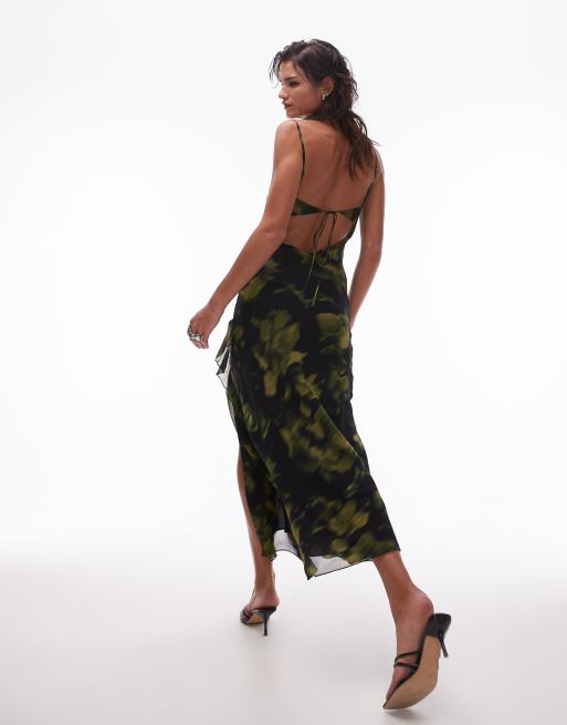 Topshop sheer drape midi dress in green blurred print | ASOS