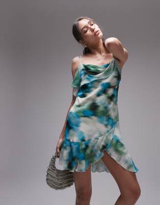 sheer drape mini dress in blurred blue floral