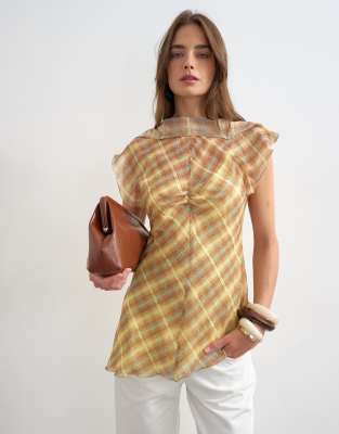 Topshop Sheer Drape Neck Top In Multi