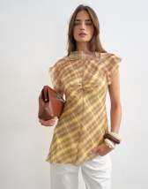 Topshop sheer drape neck top in warped pastel check