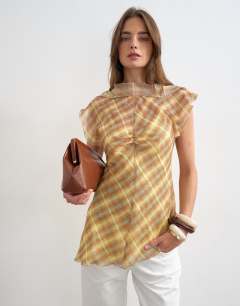 Sheer drape neck top in warped pastel check