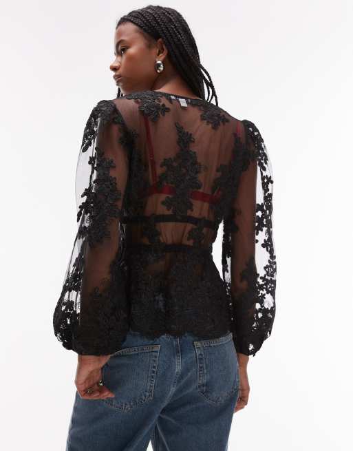 Topshop sheer floral lace puff sleeve top in black