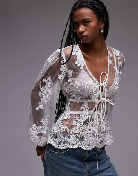 Topshop sheer floral lace puff sleeve top in ivory - view 1