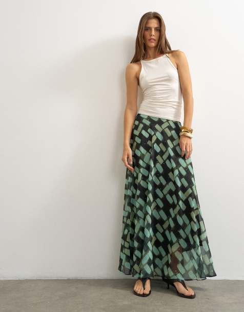 Topshop sheer full circle chiffon maxi skirt in blue geometric print - view 1