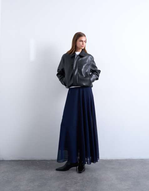 Topshop sheer full circle chiffon maxi skirt in navy