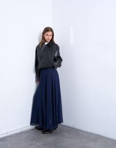 Model wearing Sheer full circle chiffon maxi skirt in navy