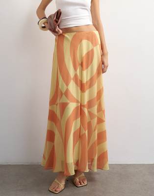 Topshop sheer full circle chiffon midi skirt in orange abstract print