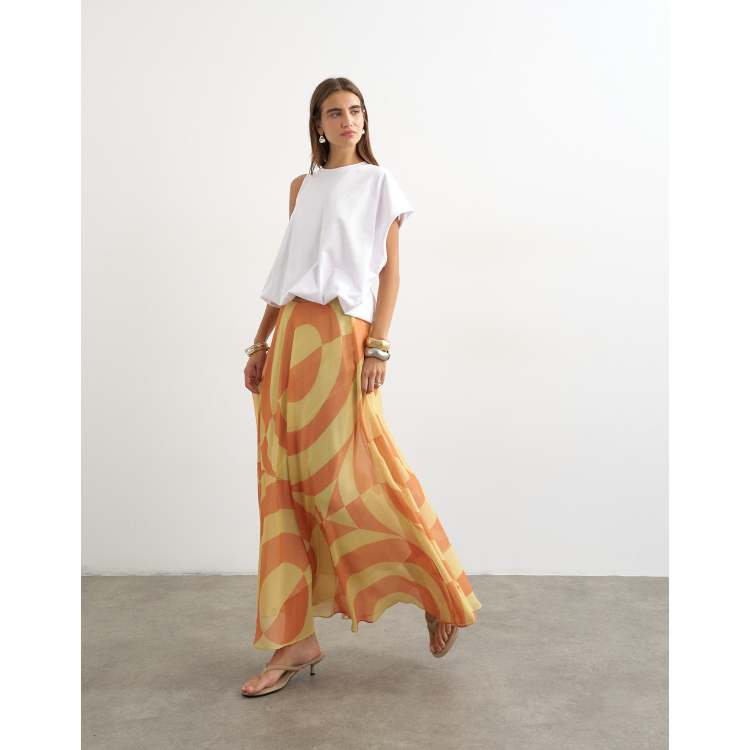【まる】sheer abstract adjust skirt サイズ1 Topshop sheer full circle chiffon midi skirt in orange abstract