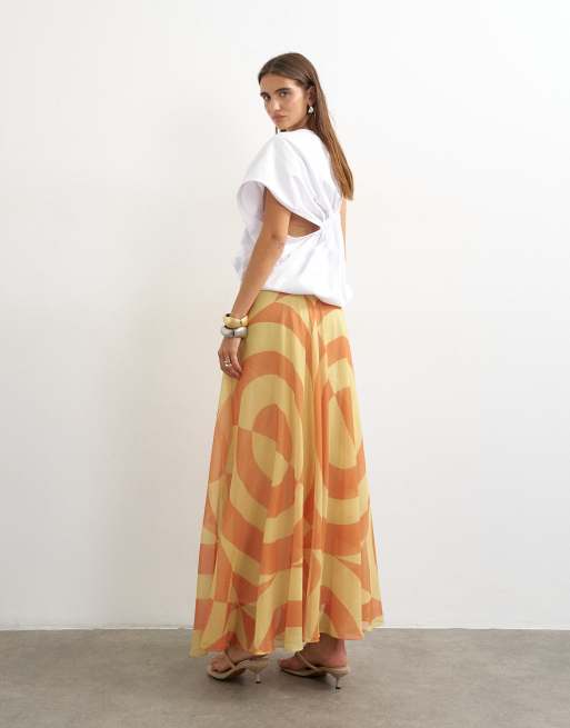 Topshop sheer full circle chiffon midi skirt in orange abstract print, 2 of 5