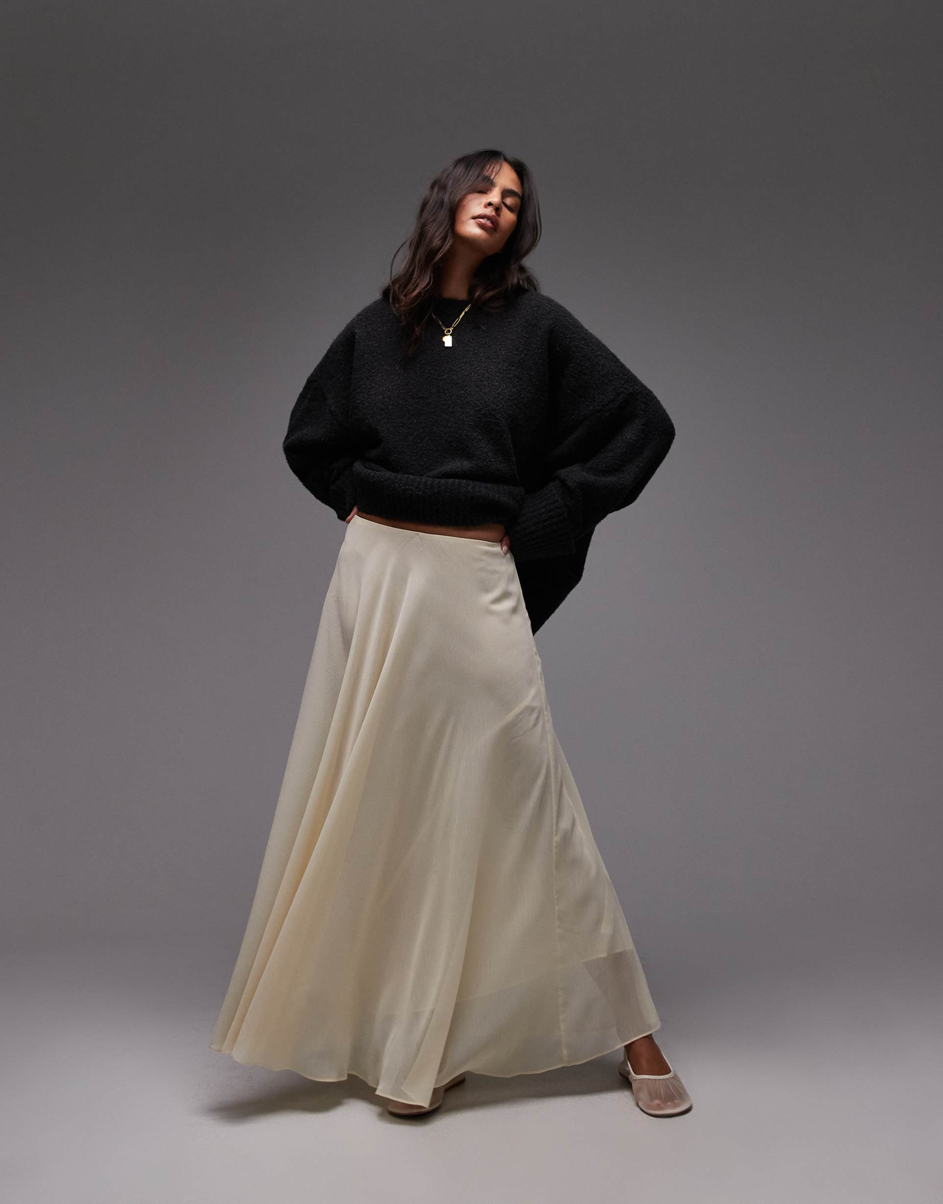 topshop sheer full circle chiffon skirt in buttermilk