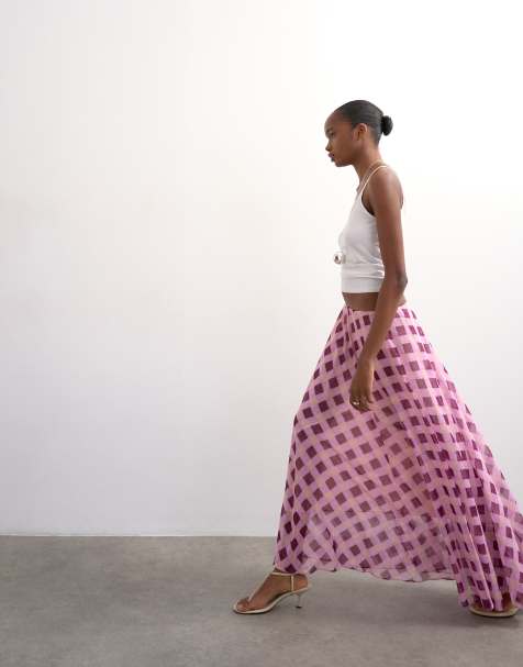 Topshop sheer full circle chiffon skirt in pink check