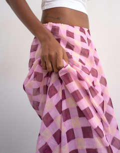 Model wearing Sheer full circle chiffon skirt in pink check