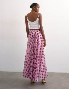 Model wearing Sheer full circle chiffon skirt in pink check