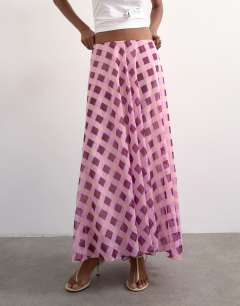 Model wearing Sheer full circle chiffon skirt in pink check