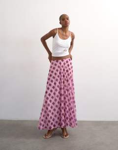 Model wearing Sheer full circle chiffon skirt in pink check