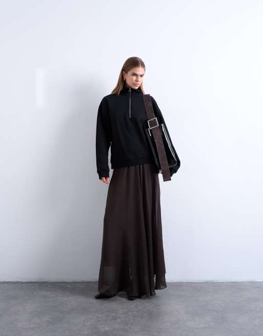 Topshop sheer full circle maxi skirt in chocolate, 3 of 5