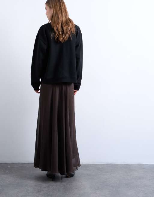 Topshop sheer full circle maxi skirt in chocolate, 5 of 5
