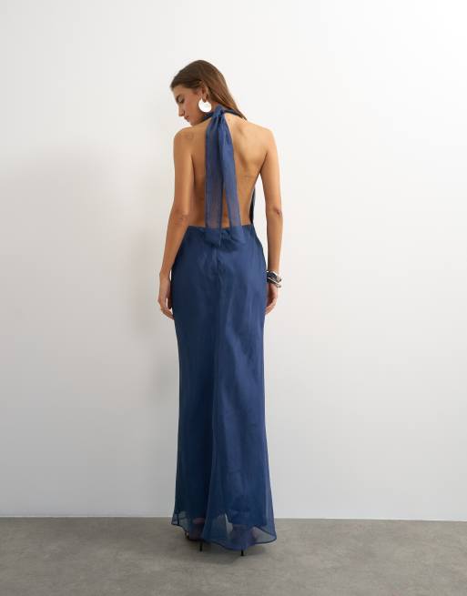 Topshop sheer halter bias maxi dress in navy, 2 of 4