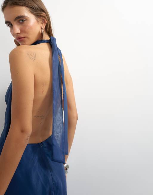 Topshop sheer halter bias maxi dress in navy, 3 of 4