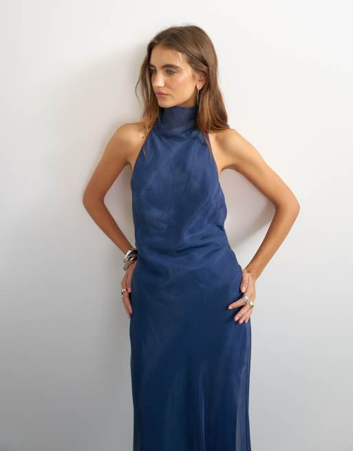 Topshop sheer halter bias maxi dress in navy, 4 of 4