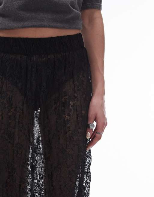 Topshop sheer lace crinkle column midi skirt with elasticated waist in black, 2 of 5