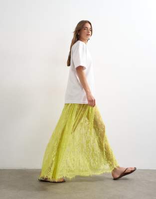 Sheer lace maxi skirt in lime green