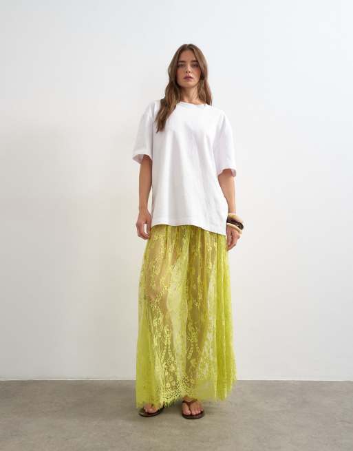 Topshop sheer lace maxi skirt in lime green, 4 of 5