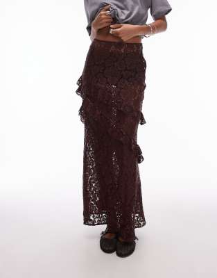 sheer lace ruffle maxi skirt in burgundy-Red